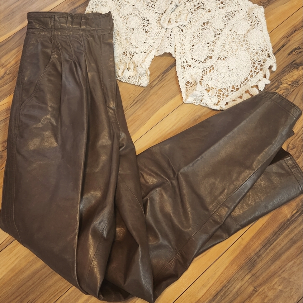 70s Toff’s Chocolate Pleated Leather High Waist Vintage Pants Moto Harley